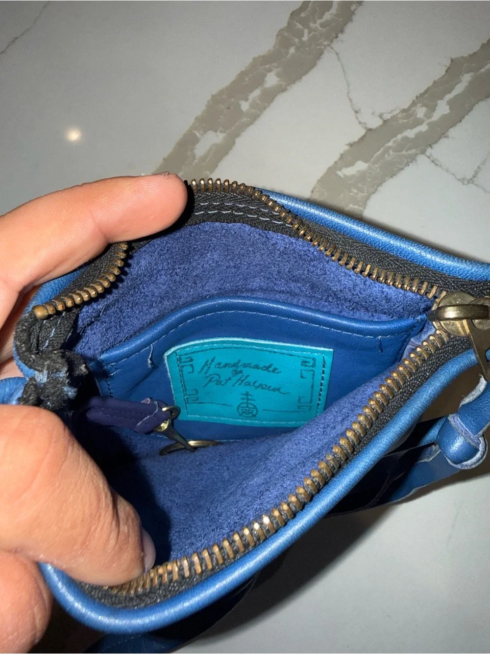Handmade by Pat HALPIN Genuine Leather Vintage Blue Crossbody Fringe Accent Bag